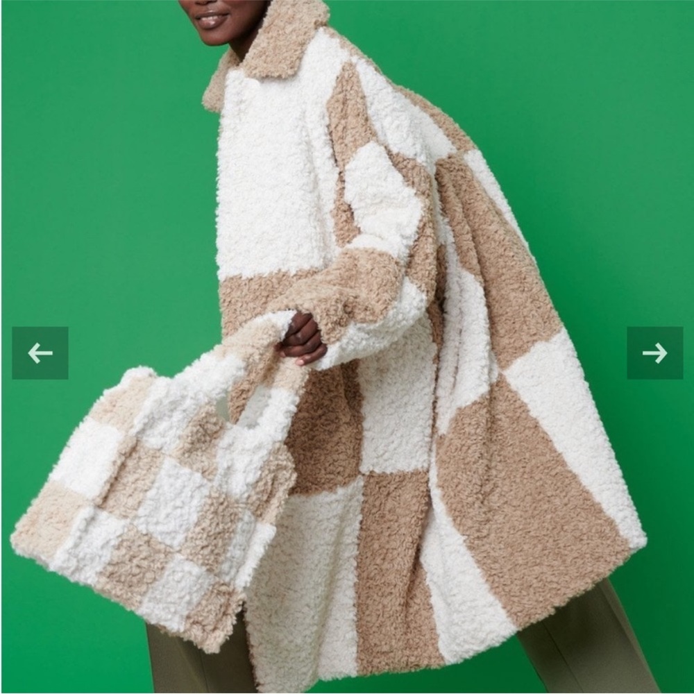 Checkered Mocha and White Faux Shearling Oversized Coat